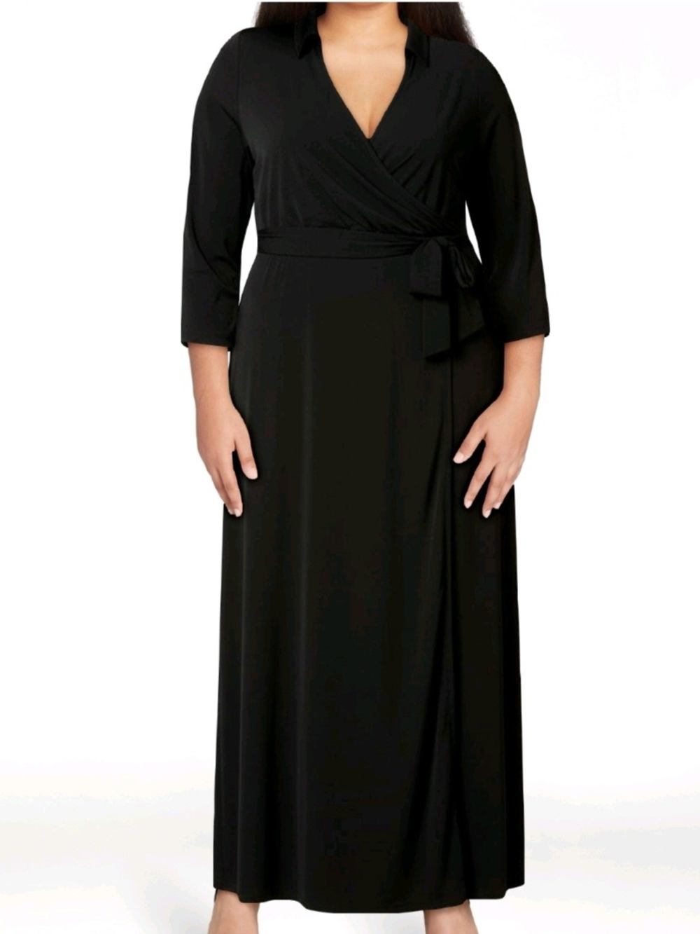 NWT- NY Collection Collared Black Faux Wrap Maxi Dress with Tie Waist 2X
